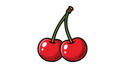 Cartoon Cherries with Stems and Leaves on a White Background