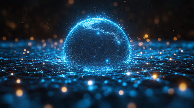 A futuristic digital sphere showcasing glowing blue lights over a network, symbolizing advanced technology and connectivity.