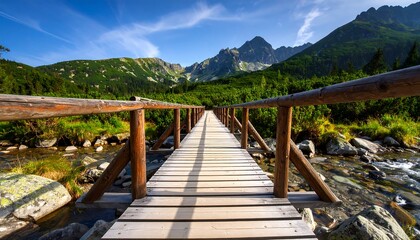 Fototapeta premium Wooden bridge through a lush valley
