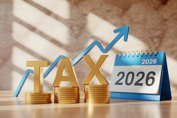 Golden tax letters with stacked coins and a blue upward trending arrow graph next to a 2026 calendar symbolizing financial growth and tax season planning