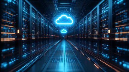 A futuristic data center corridor illuminated by blue light, featuring cloud icons signifying digital storage.