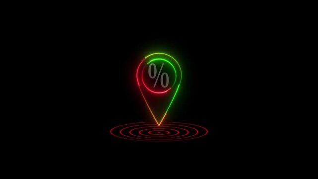 Glowing neon line location % icon animated on a black background.