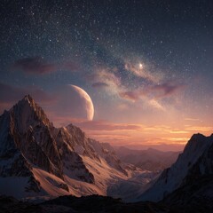 Majestic mountain range at night under a starry sky, a crescent moon, and the Milky Way