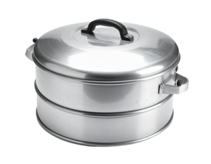 Stainless steel cooking pot or saucepan with a lid isolated on a white background, top view