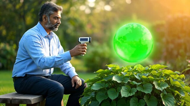 Man scans floating green globe slowly. He holds scanner near plant and leaf cluster. Globe hovers above garden beside bench. Sunlight creates warm glow across foliage. Man studies globe focused now. - Powered by Adobe