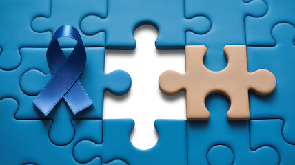 Blue puzzle pieces with a missing piece, featuring a blue ribbon symbolizing awareness, and a single tan puzzle piece nearby.