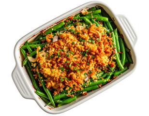 Green bean casserole with fried onions isolated png transparent background