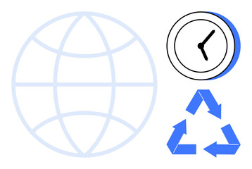 Globe outline, recycling arrows, and clock highlight time, environmental care, sustainability, and global responsibility. Ideal for ecology, recycling, time conservation awareness global impact
