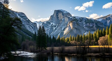 Majestic Yosemite Valley Half Dome and Merced River Landscape.