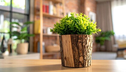 A potted plant sits on a wooden table in a bright room