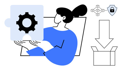 Female holding puzzle piece with gear, blockchain icon, shield, download arrow, and open box. Ideal for teamwork, innovation, problem-solving security technology strategy leadership. Clean flat