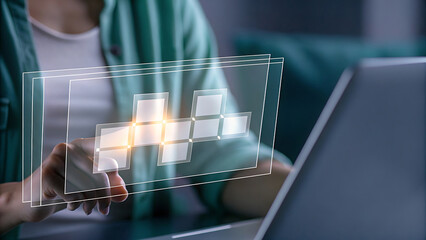 Laptop with glowing futuristic holographic 3d printing technology display