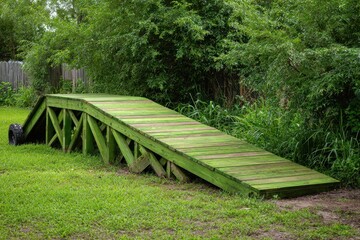 Green Wooden Bike Ramp in Lush Backyard Setting.