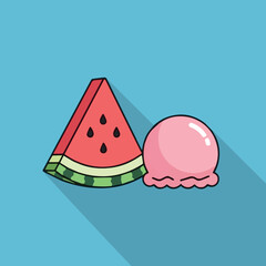 Flat Design Illustration with Watermelon Slice, Ice Cream.