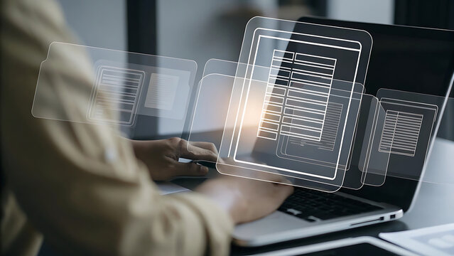 Laptop with glowing futuristic holographic automation platform for enterprises - Powered by Adobe