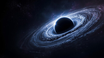 A black hole depicted with swirling accretion disk of light and matter against a backdrop of stars and cosmic dust.