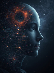 A profile view of a woman's face overlaid with glowing networks and constellations, symbolizing intelligence and connectivity.