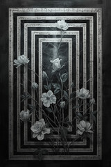 Monochrome floral still life within intricate framed layers, evoking a sense of depth and artistry.