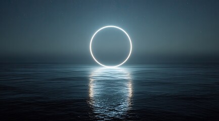 Luminous circle over a still ocean at night