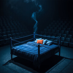 A dark, dramatic scene of a boxing ring-like bed, with smoky atmosphere, in a theater-style seating area.