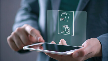 Smartphone screen with floating holographic shopping cart for e commerce