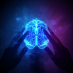 Glowing human brain cradled by hands, surrounded by cosmic energy.