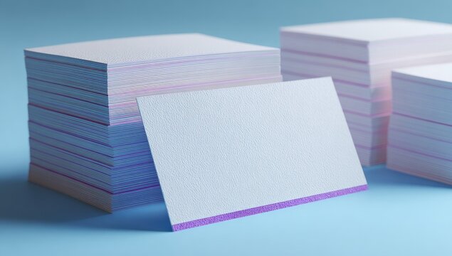 Blank white business card mockup leaning against stacks of cards on a blue background.