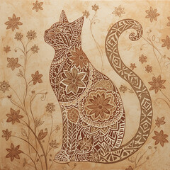 Ornate patterned cat sits amidst stylized floral design, sepia tones.