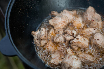 Cooking recipe for cooking meat in a cast-iron cauldron outdoors. Cooking food. Frying meat.
