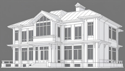 Elegant white two-story house architectural sketch, showcasing detailed design and large windows.