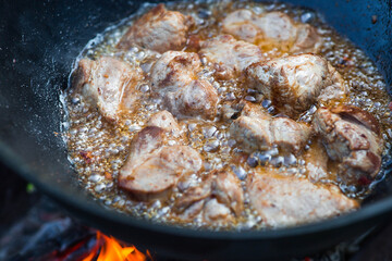 Cooking recipe for cooking meat in a cast-iron cauldron outdoors. Cooking food. Frying meat.