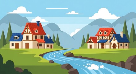 Naklejka premium Village by the river.