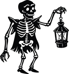 Halloween silhouettes black icon and character vector art of a skeleton holding a lantern, a classic halloween image evoking themes of death, darkness, and the supernatural, perfect for spooky designs