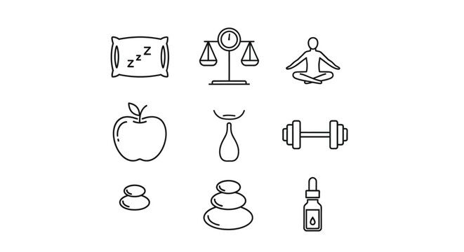 A collection of nine simple line art icons representing health and wellness concepts, including sleep, balance, meditation, healthy eating, and exercise.