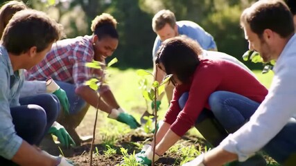 Volunteers planting trees in park, sunny day