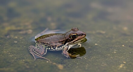 Tranquil frog in shallow pond, observing its surroundings closely