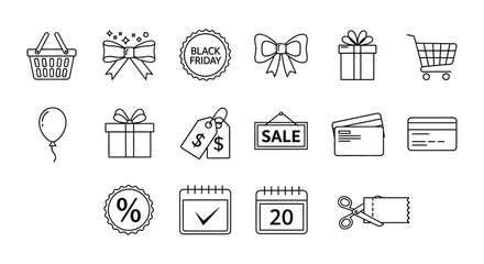 Naklejka premium Collection of outline icons related to shopping, sales, and special events, perfect for design.
