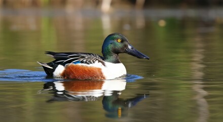 Northern Shoveler duck with iridescent green head glides gracefully on calm water.