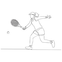 Continuous Simple black line art drawing of a tennis player in a minimalist style on a white background.