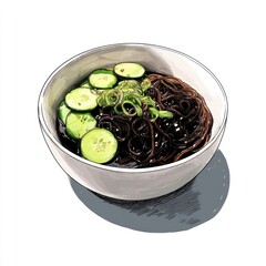Bowl of dark noodles with cucumber slices and green onions