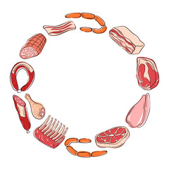 Assorted meat cuts, sausage, ham, bacon, ribs, steak and chicken arranged in a circular frame on white background for culinary and food design themes in flat style.
