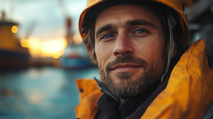 A portrait of a smiling worker in a bright safety jacket and helmet by the water, embodying professionalism and maritime culture.