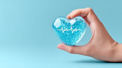 A hand gently holds a transparent heart filled with blue beads, featuring an electrocardiogram symbol.