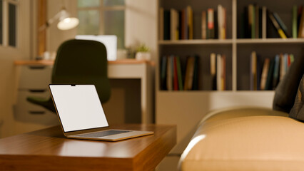 3D illustration of modern workspace with laptop on wooden table, bookshelf, and cozy seating area