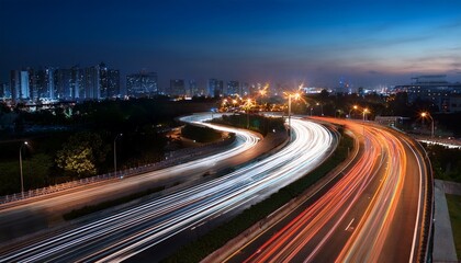 long exposure light trails on curved highway capturing nighttime motion and vibrant urban energy