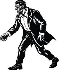 Halloween silhouettes black icon and character illustration of a menacing monster in a suit, , evoking a sense of classic horror and suspense, reminiscent of vintage monster movie posters
