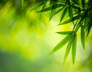 ぼやけた緑の背景の片側に笹の葉のあしらい