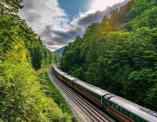 Fototapeta premium scenic railway travels through lush green forests showcasing beautiful contrast between vibrant foliage and sleek train atmosphere is serene and inviting perfect for tourism