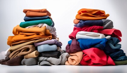 two vibrant piles of clothes frame the white backdrop showcasing donations and recycling efforts for a cleaner wardrobe