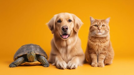 A friendly golden retriever, ginger cat, and turtle, posing side-by-side against a yellow background.
